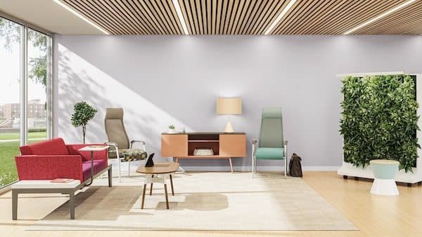 Healthcare waiting vignette with a red settee, mesh recliner, sage high-back chair, slatted wood ceiling and green wall