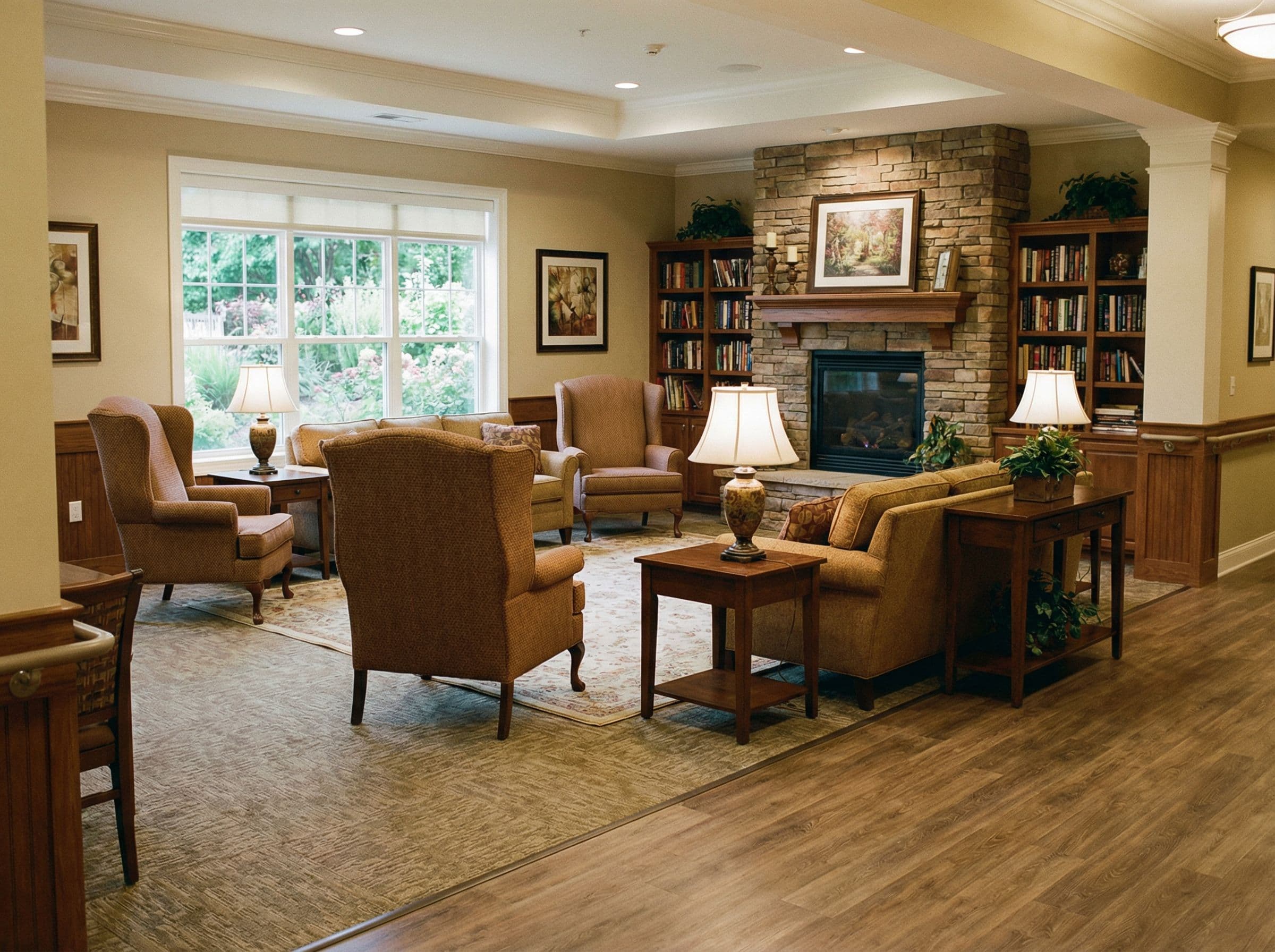 Senior living community common room with residential-feel furniture and warm flooring