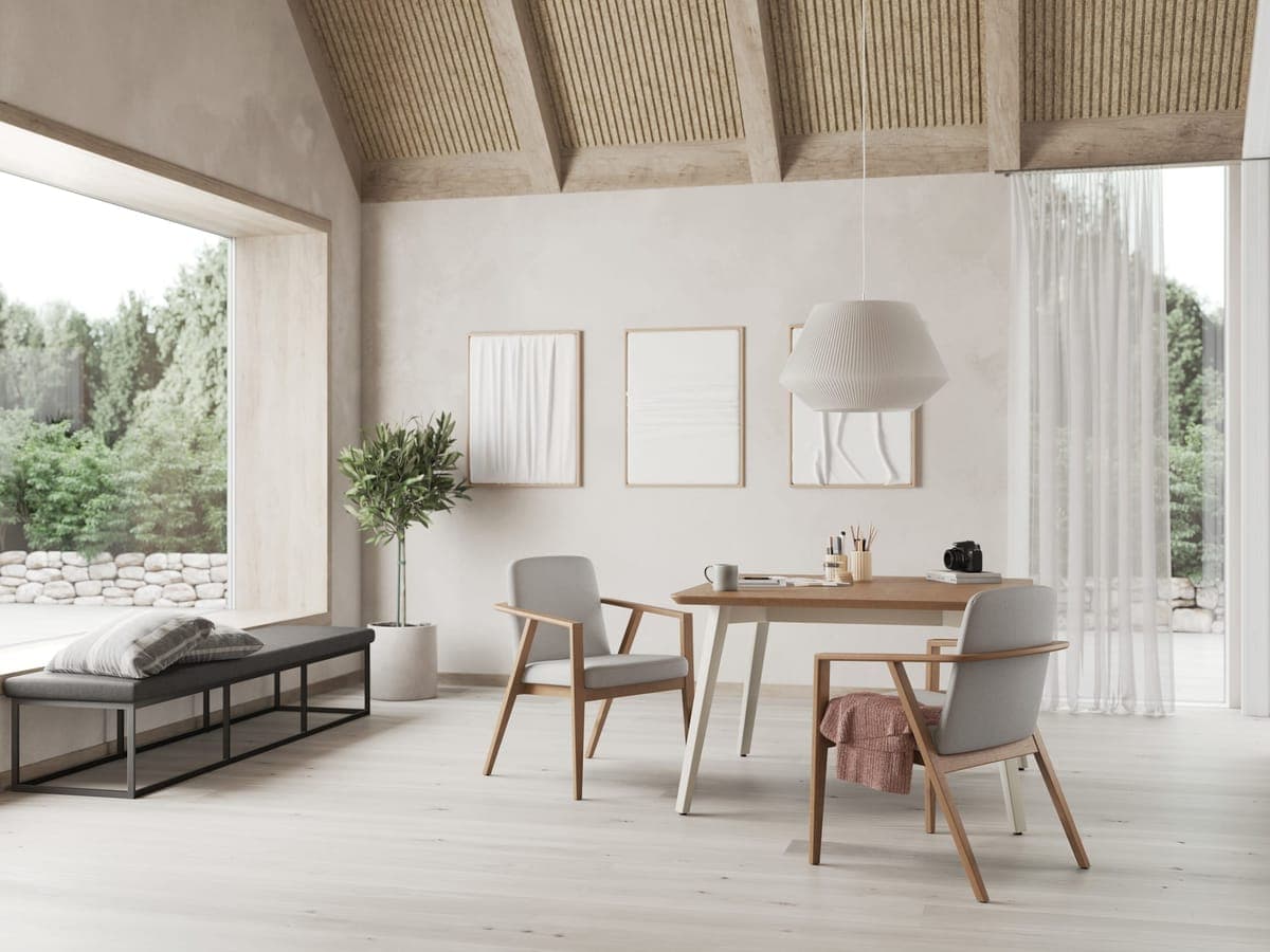 JSI Bourne wood-frame chairs at a table beside a bench and large window