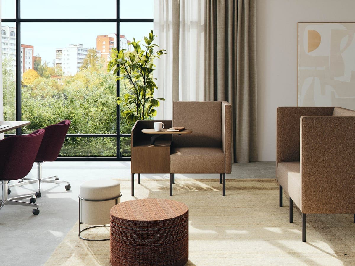 National Fringe 3.0 high-back nook seating with a tablet arm and poufs