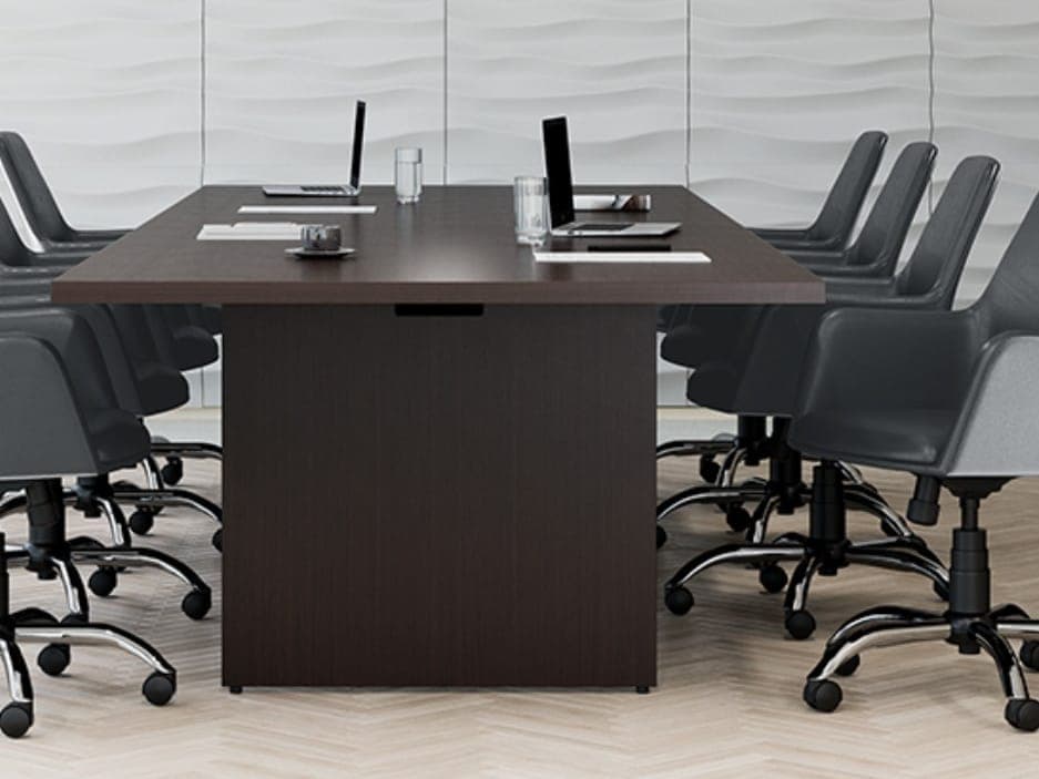 Espresso Offices To Go conference table with gray chairs and wave wall panels