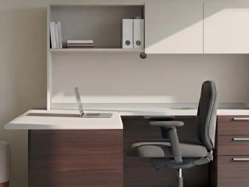 Lacasse Concept 300 L-shaped desk with a white hutch and dark wood base