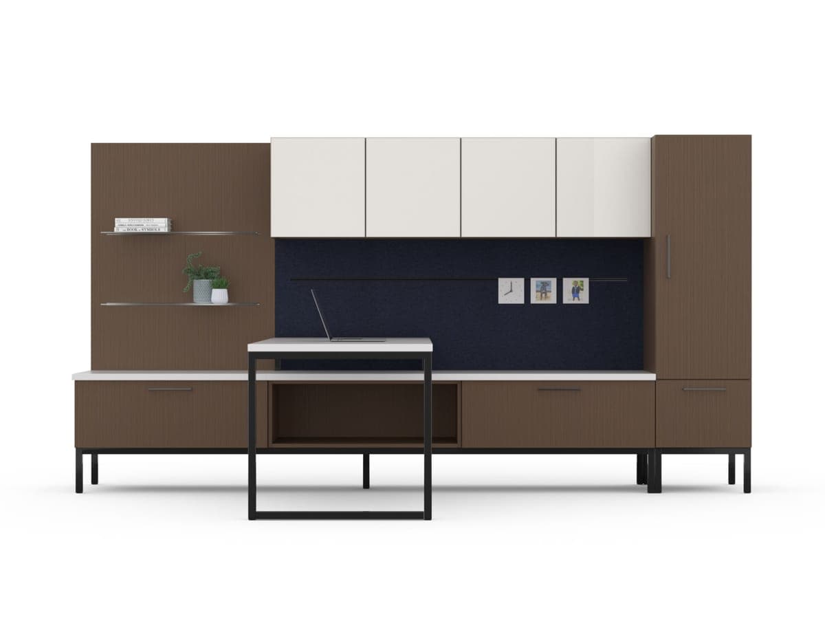 Kimball Priority storage wall with white overhead cabinets and a navy tackboard above a standing table