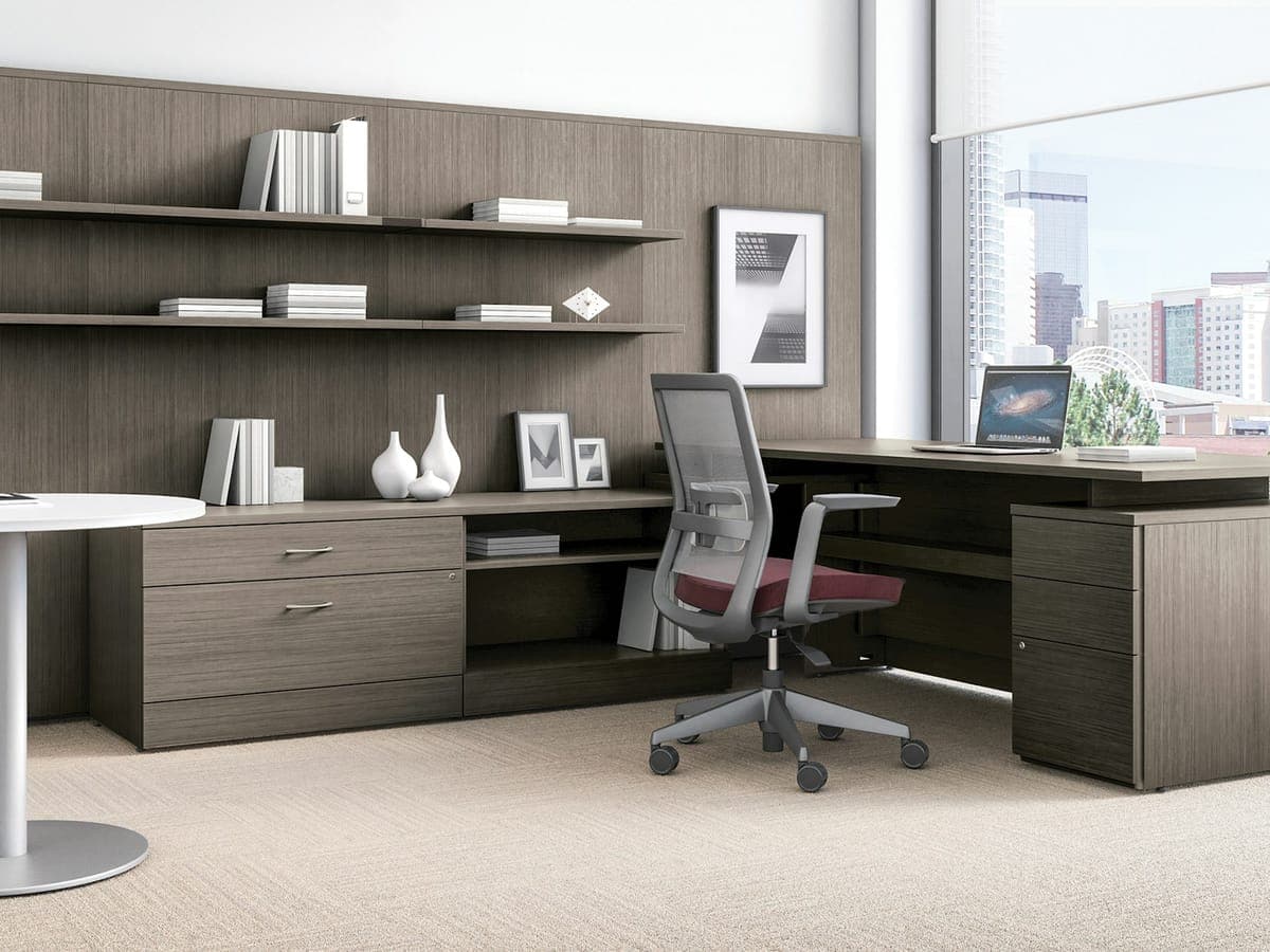 Global Zira private office with wood wall panels, floating shelves and an L-shaped desk
