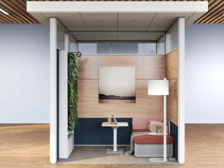 Steelcase Air3 acoustic pod with wood walls and a pink bench