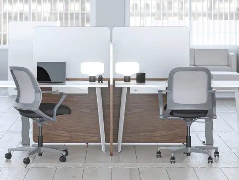 White Lacasse Luti freestanding screens between two benching desks