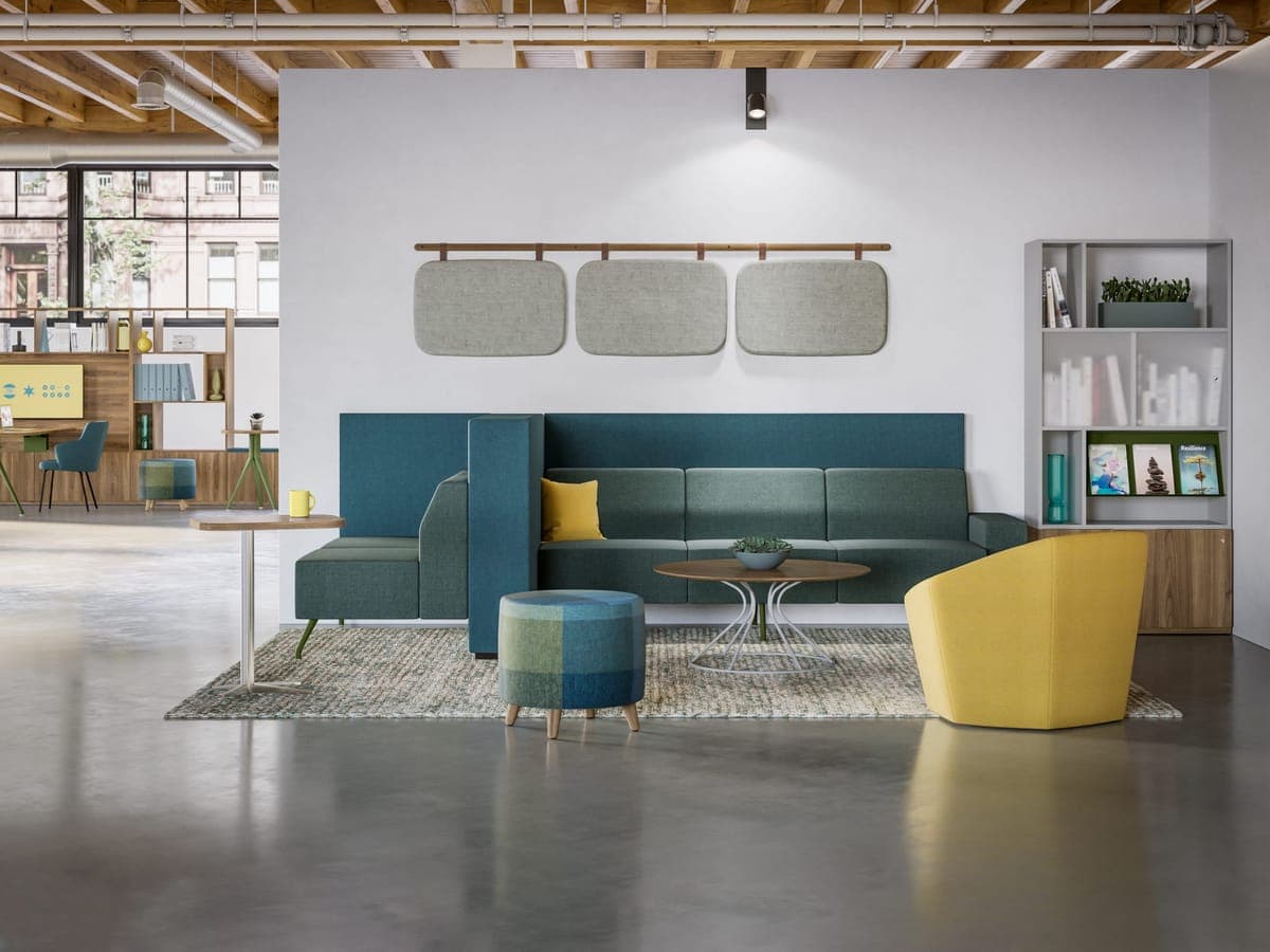 Kimball Pairings teal high-back seating wall with felt panels above