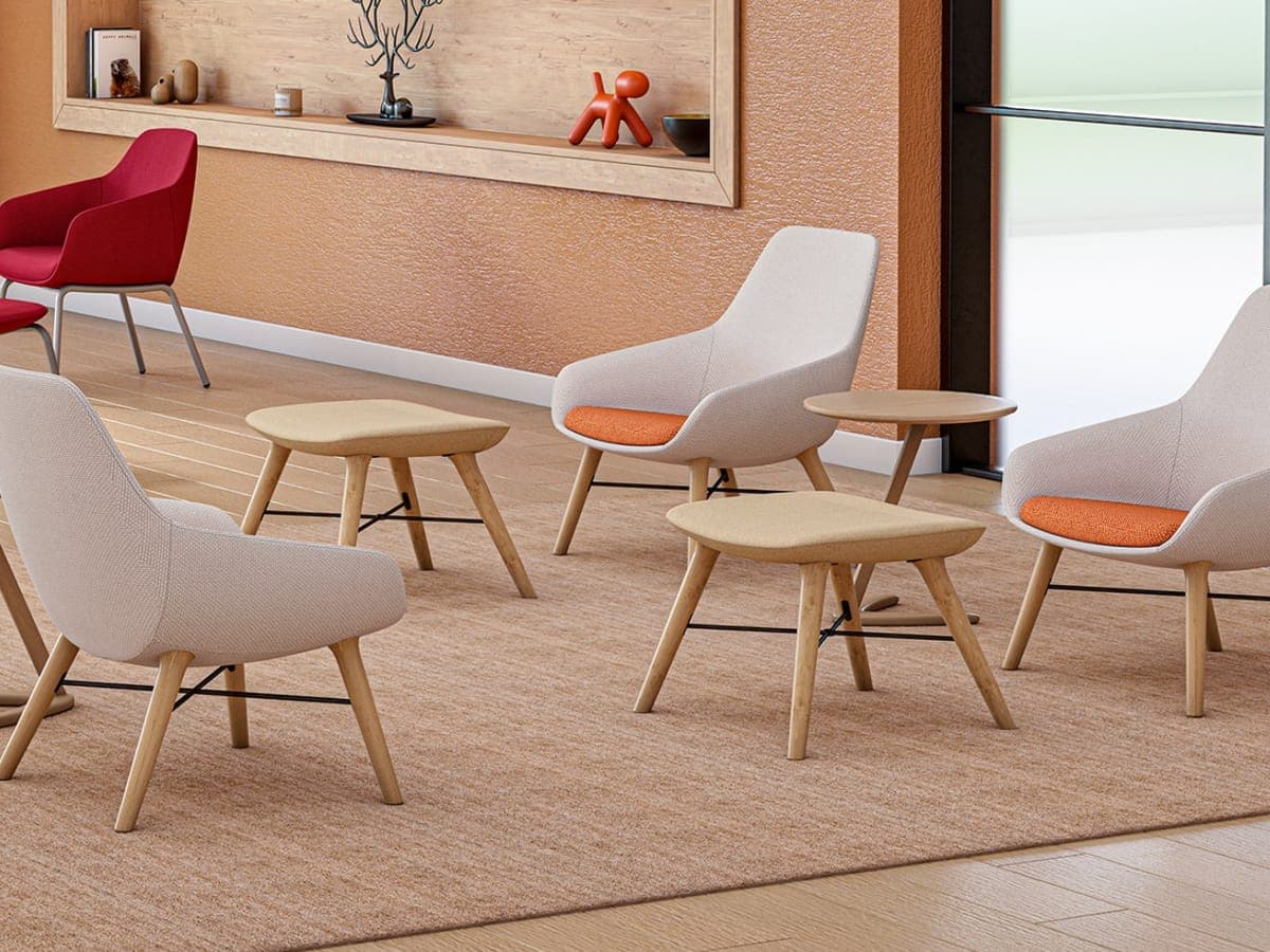 Cream 9to5 Seating Lilly lounge chairs with wood legs and ottomans