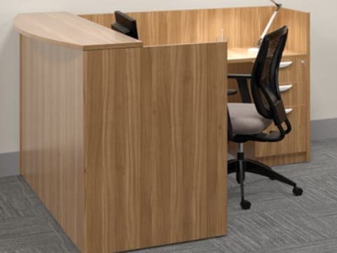 Walnut Offices To Go reception desk with a task chair