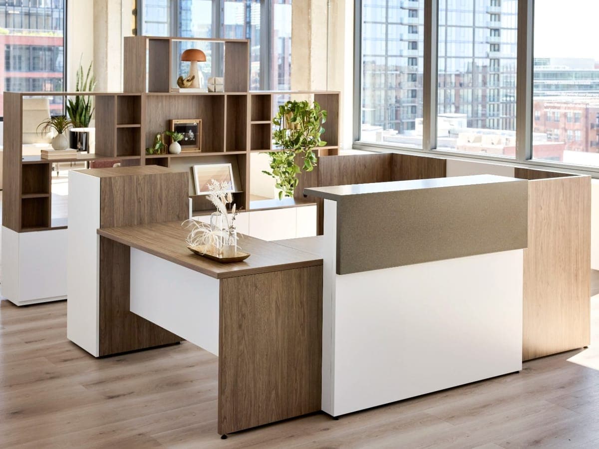 National WaveWorks reception station in walnut and white with open shelving behind