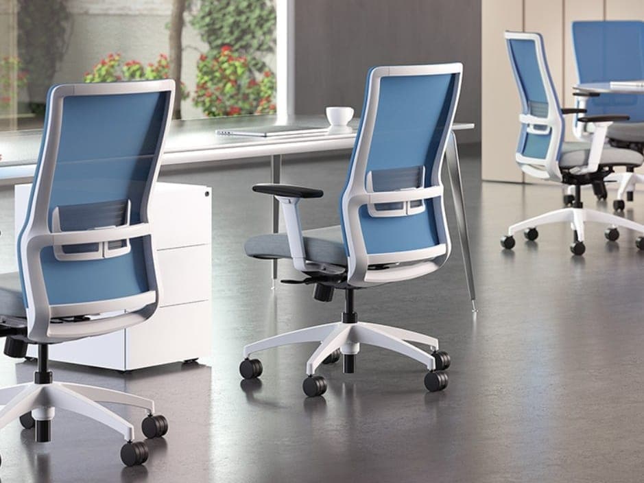 SitOnIt Novo task chairs with blue mesh backs and white frames