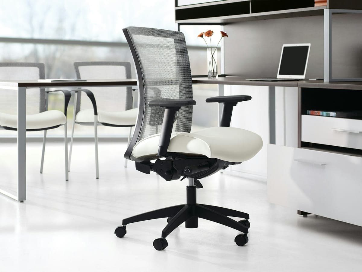 Global Vion mesh task chair with a white seat in a private office