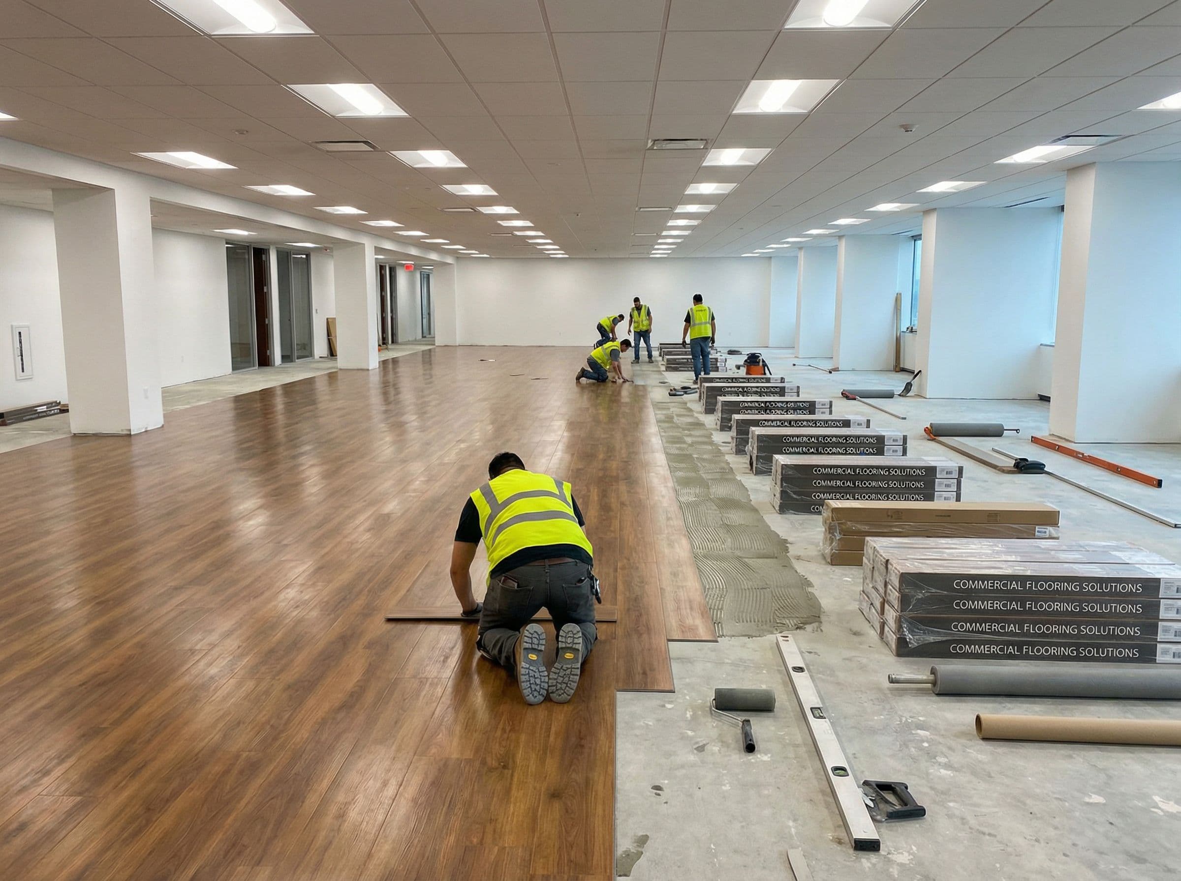 Commercial flooring installation in large office space