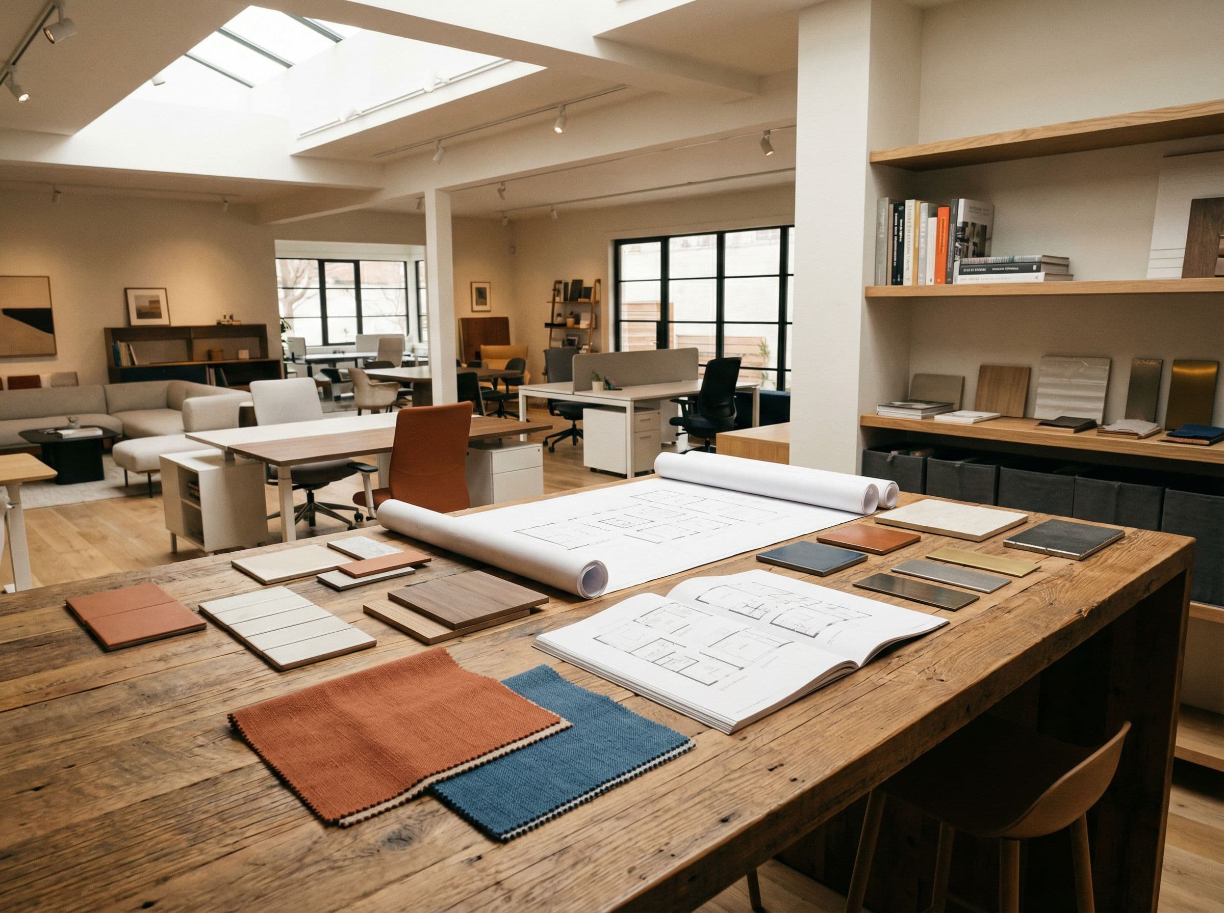 OFDC design consultation workspace with floor plans and material samples