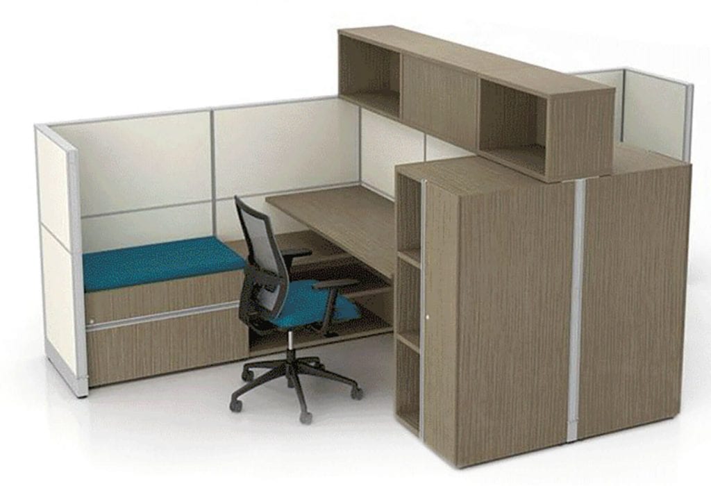 A computer rendering of a large desk with a rolling chair by OFDC Commercial Interiors