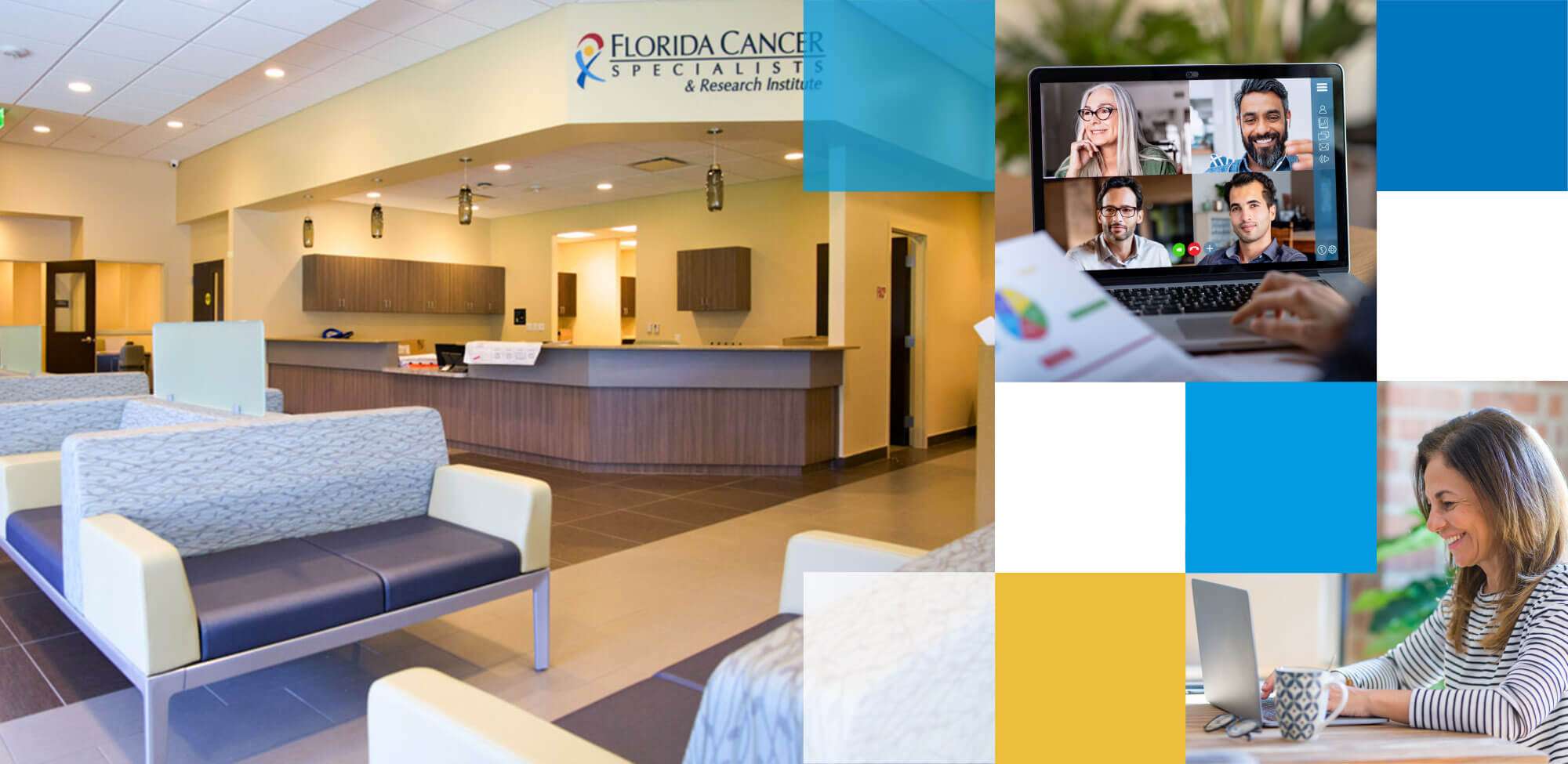 Header image featuring medical waiting area with commercial office furniture by OFDC Commercial Interiors and woman Zooming with coworkers
