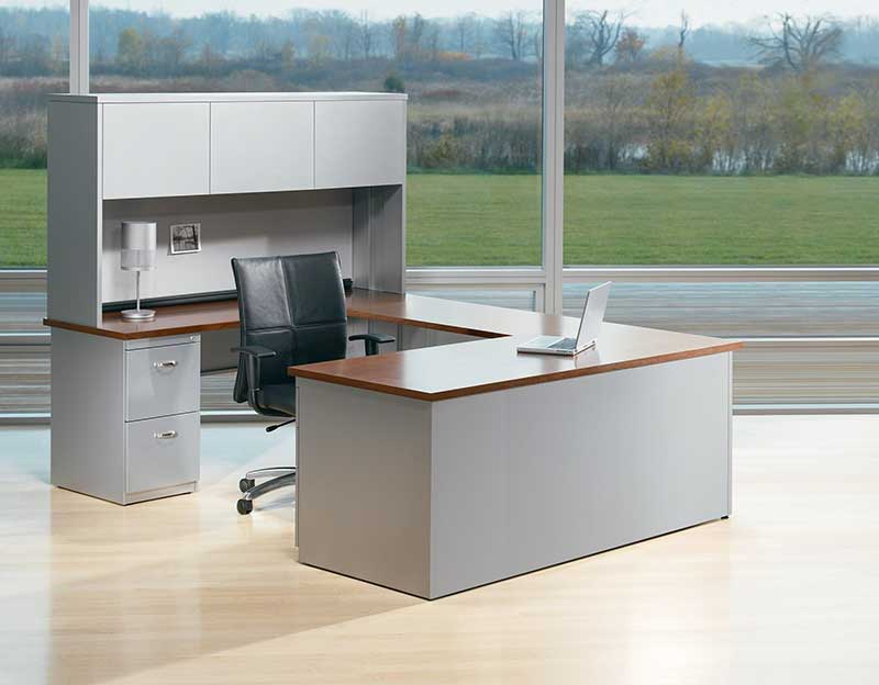bright office space with above desk storage